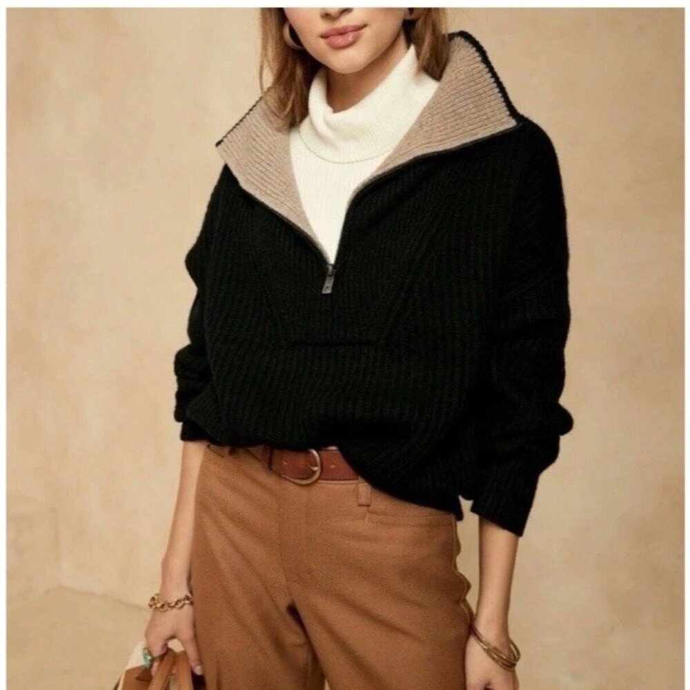 Banana Republic Black Oversized Half Zip Wool Cashmere Blend Sweater Size Large